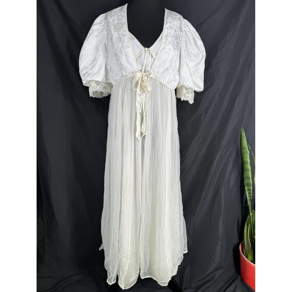 Vintage Bridal Peignoir Robe Gown Set Romantic Puff Sleeve Chiffon Lingerie Long